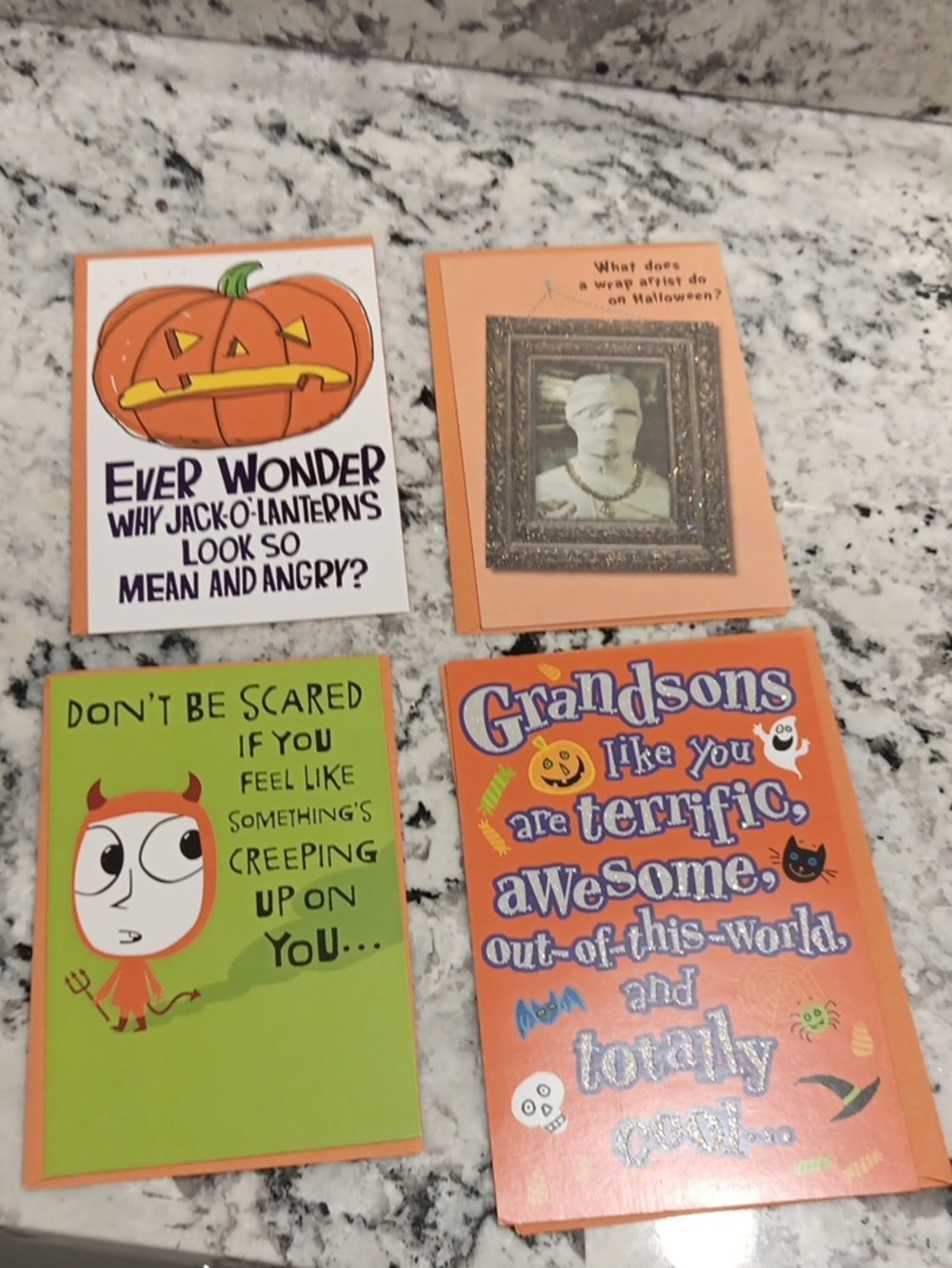 4 Halloween and Grandson Greeting Card Set - Orange, Green